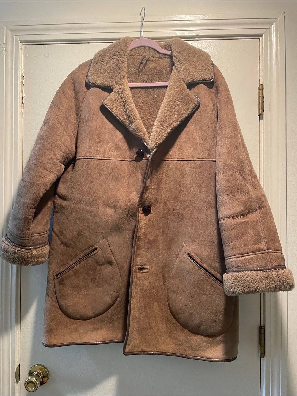 The Janner Vintage Men's Genuine Shearling-Lined Suede Pea Coat - Tan